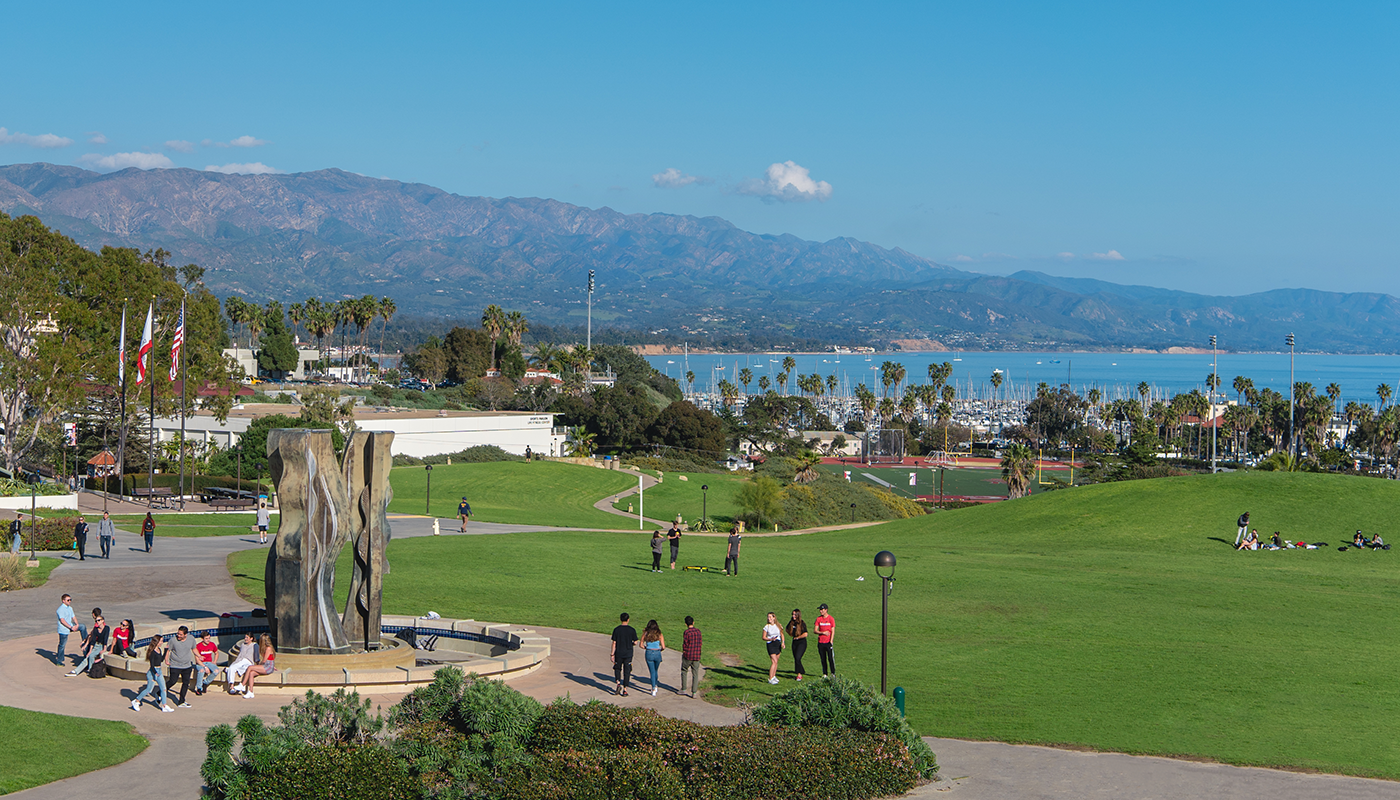 Santa Barbara City College international students on West Campus overlooking the ocean.
